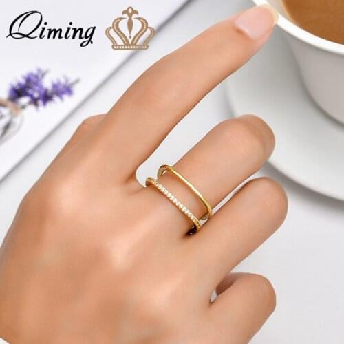QIMING Creative Geometric Opening Rings For Women Double Line Metal Simple Ring Fashion Party Jewelry Gift
