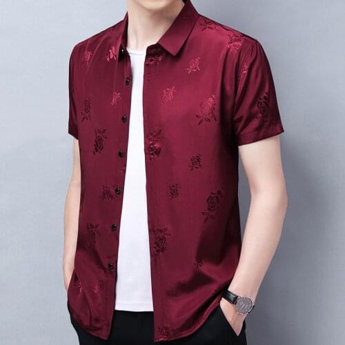 New 2021 Mens Silk Shirt Summer Floral Printed Clothes Male Short Sleeve Silk Dress Shirts Man Fashion Soft Streetwear