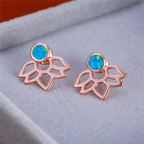 Simple Female Round Opal Stud Earrings Rose Gold Silver Color Party Earrings Elegant Hollow Flower Wedding Earrings For Women