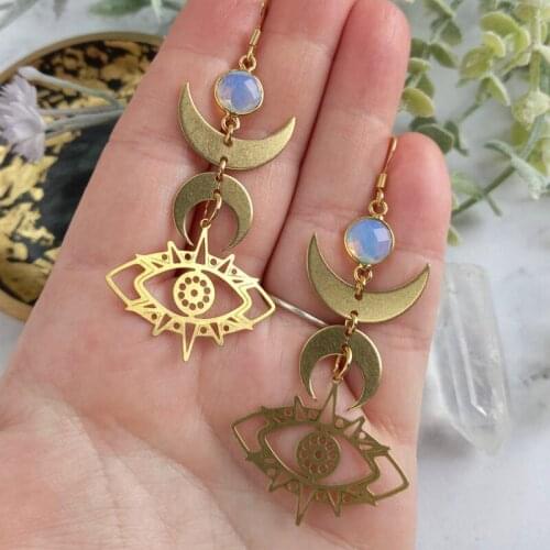 Opalite moon and eye statement earrings,geometric,iridescent,white gemstone,evil eye