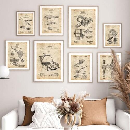 Nordic Vintage Poster Fishing Patent Drawing Wall Art Prints Canvas Painting Fathers Gift Wall Pictures For Living Room Decor