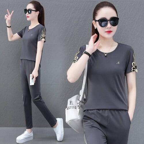 Sportswear Summer Red Two Piece Set Short Sleeved T Shirt Casual Running Thin Section Women Suits Grey Embroidery Purple Blue