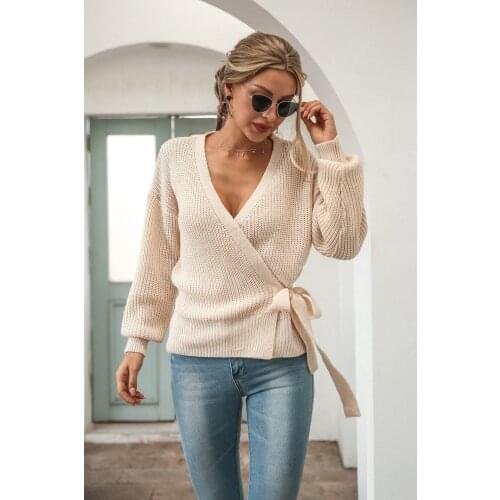 Elegant Knitted Sweater Ladies Autumn Winter Office Lady Women Tops Sash Tie Up Sexy Top Casual Sweaters Deep V-neck Pullovers