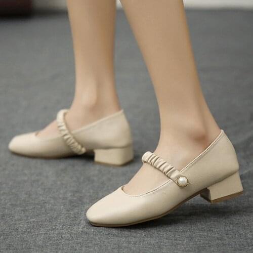 2021 New Fashion Women Shoes Square Toe Mary Janes Shoes Square Heel Dress Shoes Pearl Buckle Pumps High Heels Office Shoe