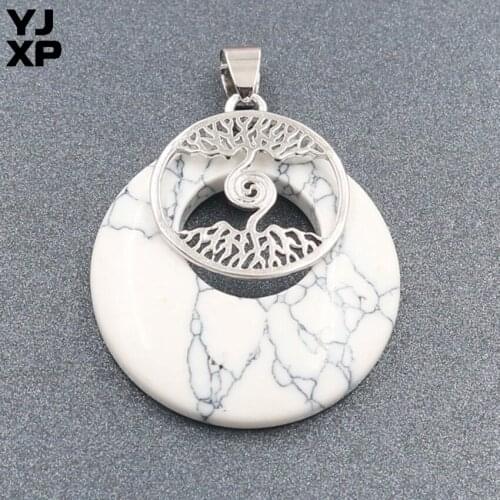 YJXP Silver Plated Safety Buckle Round Hollow White Turquoises Stone Pendant Tree of Life Fashion Jewelry