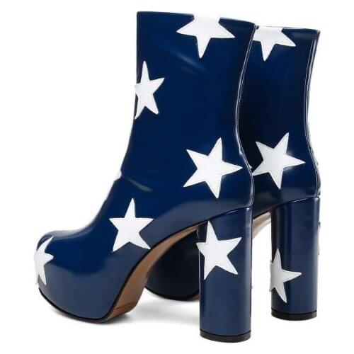 Winter Girls Punk Style Blue Black Star Decoration Round Toe Platform Short Boots Ladies Chunky Heels Zipper Side Ankle Boots