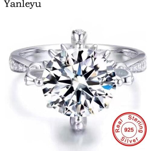 Yanleyu Luxury Flower Wedding Rings for Women Genuine 925 Sterling Silver Engagement Jewelry 2CT Zircon CZ Solitaire Ring PR034