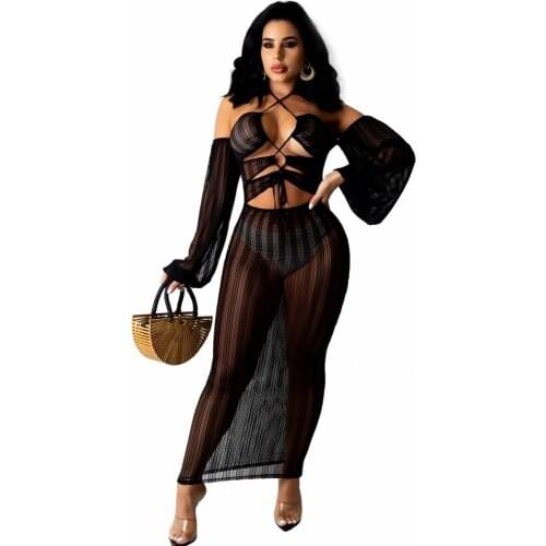 2021 Sexy Mesh Beach Maxi Dresses Summer Womens Sexy Club Lace-Up Dress Long Sleeve Hollow Out Hot Sale Lady Long Dress