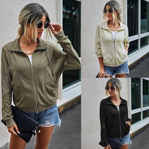 2020 Autumn and Winter Wild Fashion Zipper Pocket Loose Long-sleeved Womens Coat