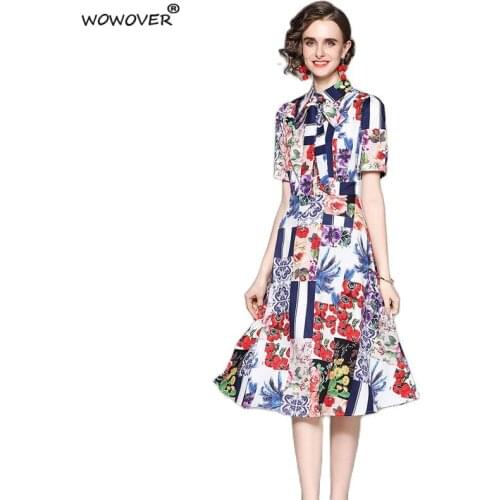 Europe Fashion Runway Summer Dress Women High Quality Short Sleeve Print Vintage Vestidos Casual Mid Calf Holiday Party Robe