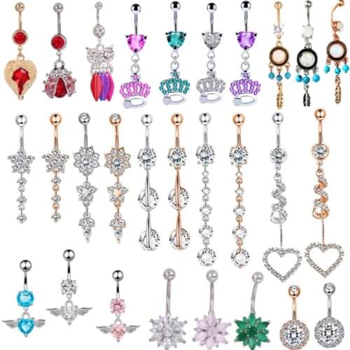 1PCS Zircon Sexy Long Belly Ring Cute Heart Navel Piercing Surgical Steel Rose Gold Women Belly Button Ring Navel Jewelry