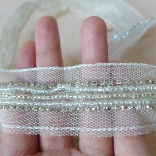5.7 Yards Delicate Pearl Beading Wide Lace Fabric Trim With Rhinestone DIY Accessory For Ball Gown, Sewing Patches Free Shipping