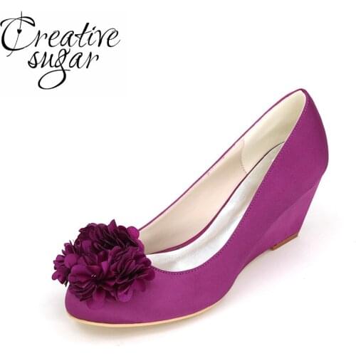Creativesugar Closed toe wedges with flower petal sweet bridal bridesmaid wedding shoes satin evening dress heels purple white