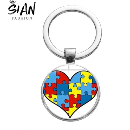 SIAN New Arrival Puzzle Piece Love Heart Keychain Autism Awareness Colorful Puzzle Glass Cabochon Key Ring Family Gift Llaveros