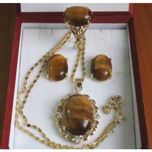 Free Shipping wholesale Inlay tiger eye JADE pendant necklace earring & ring jewelry set