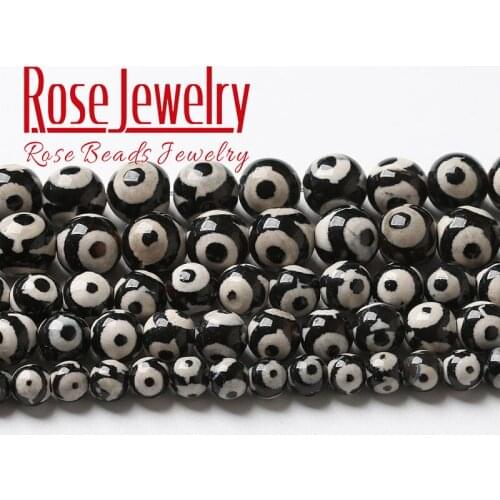 Natural Stone Evil Eye Pattern Black Tibetan Agates Beads Round Loose Beads For Jewelry Making DIY Bracelet 6 8 10 12MM 15" Inch