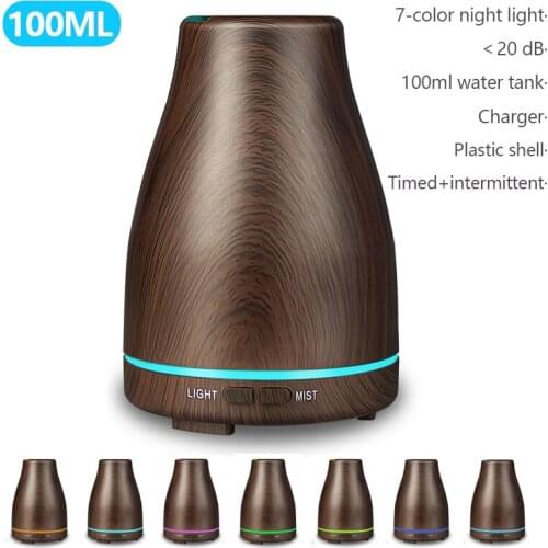 100ml Aromatherapy Essential Oil Diffuser Mini Wood Grain Ultrasonic Air Humidifier Cool Mister with 7 Color LED Light Home