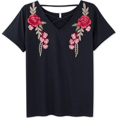 Neatie kiddie Fashion Floral Embroidery Sexy T-shirt Tops Short Sleeve Streetwear Slim V-neck Summer T shirt Female Clothes