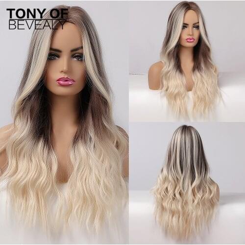 Long Wavy Ombre Light Blonde Synthetic Wigs With Highlights Natural Wigs Middle Part for Afro Women Cosplay Heat Resistant Wigs