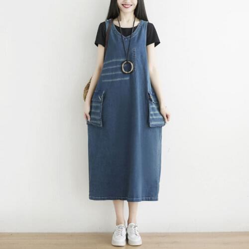 Sleeveless Denim Dress Women V-neck Cowboy Dress Casual Big Pocket Jean A-Line Dress Baggy Casual Vintage Vest style Vestidos