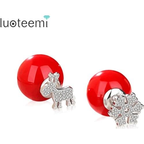Christmas Gift LUOTEEMI New Jewelry Snowflake and Stud Earrings Tiny Shining CZ Crystal Red Imitation Pearl Double Side Brincos
