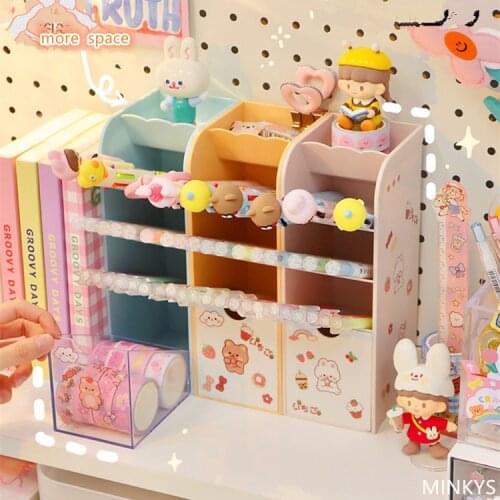 Kawaii Drawer Pen Holder Desktop Organizer Large Capacity Pencil Box With DIY Sticker Creative School Stationery