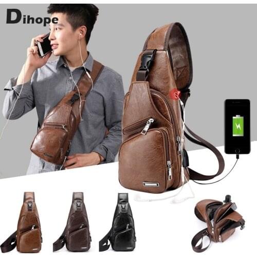 Mens USB Chest Bag Designer Men Messenger Crossbody Package PU Leather Shoulder Bags Package Travel Chest Bag Bolso Hombre