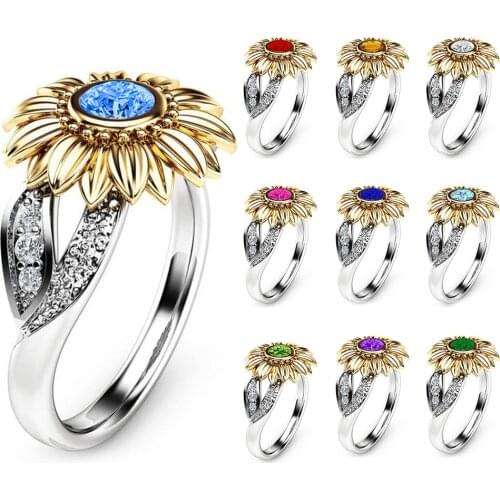 Cubic Zircon Sunflower Wedding Rings for Women Trendy Blue Purple 10 Colors Copper Birthday Crystal Stone Engagement Ring