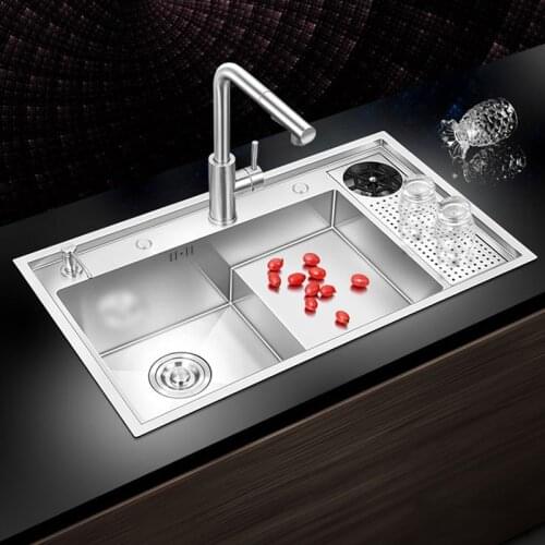 304 Stainless Steel Cup Rinser Stepped Sink Handmade Brushed Single Large Size 4 Holes Luxury Stepped Kitchen Sinks