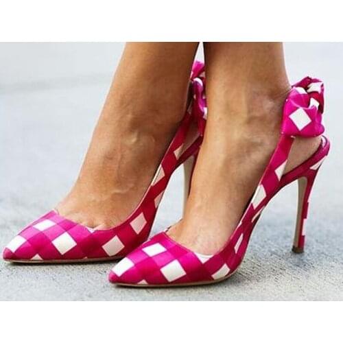 Sexy Women Elegant Grid Back Bowtie Slingback Pointed Toe Pumps Ladie Butterfly Knot Stilettos Thin Heels Slip on Dress Shoes