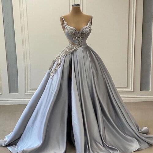 Sliver Party Wear Spaghetti Strap Sequins Bead Formal Ball Gown Evening Prom Dresses For Girls