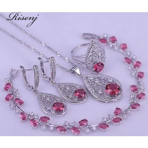 Risenj Rose Red Round & Flower Silver 925 Costume Jewelry Set Ring Earrings Necklace Bracelet Set 925 Silver Bridal Jewelry