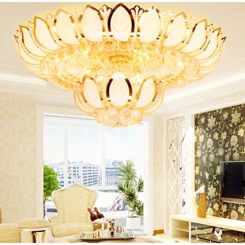 LED Light Modern Gold Crystal Ceiling Lights Golden Crystal Lotus Flower Ceiling Lamps Home Indoor Lighting Fixture Temple Lamp