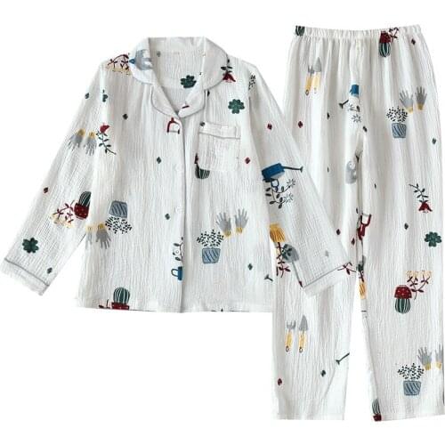 Spring and Summer Pajamas Set for Women Cotton Gauze Suit Double-layer Gauze Long-sleeved Trousers Cute Printed Home Service