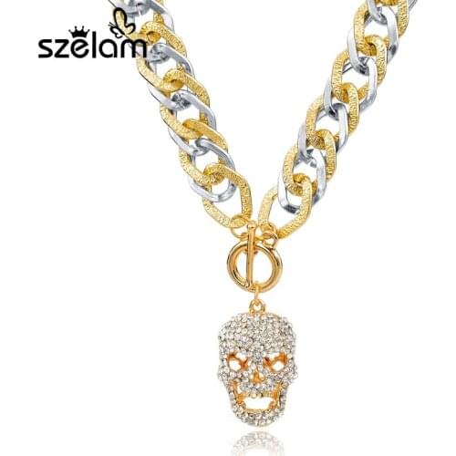 2019 Vintage Long Gold Chains Skull Pendant Crystal Necklace Silver Statement Necklaces For Women Fashion Jewlery SNE150784