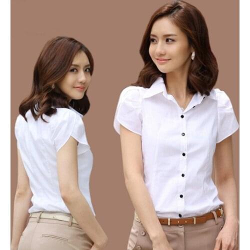 Women Summer Formal Shirts Short Sleeves Slim Fit Office Lady Turn-down Collar AIC88