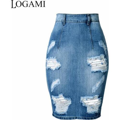 LOGAMI High Waist Split Denim Pencil Skirts Womens Ripped Jean Skirt Spring Summer Midi Skirt