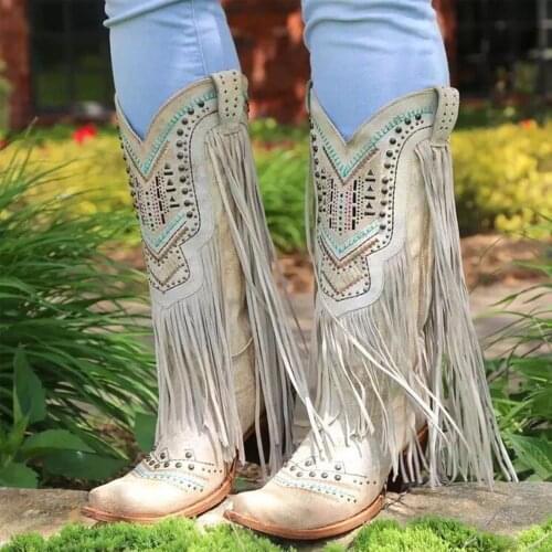 Fashion Chinese Nation Style Flock Leather Women Fringe Flat Heels Long Boots Woman Tassel Knee High Boots Size 35-43