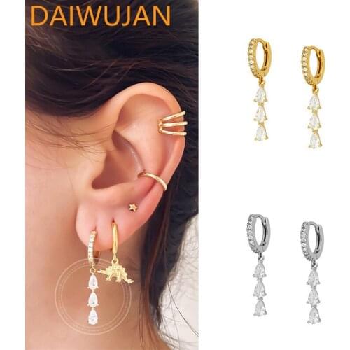 DAIWUJAN Luxury Crystal 925 Sterling Silver Earrings for Women Water Drop Zircon Hoop Earrings Piercing Jewelry Pendientes