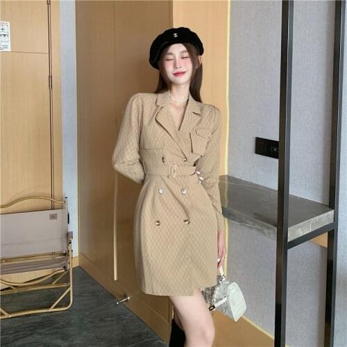 Elegant Khaki Blazer OL Autumn Women New High quality Notched Double Breasted Long Sleeve Plaid Belt Slim Office Mini Dress