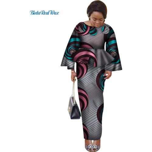 Bazin Riche African Ruffles Sleeve Tops and Skirt Sets for Women Traditional African Print 2 Pieces Skirt Sets Clothing WY3055