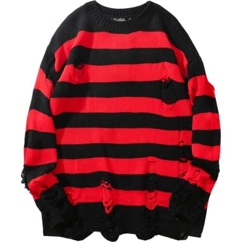 Stripe Sweater Women Oversized Knitted Pullovers Fashion High Street Ripped Tops Female Streetwear Long Sleeve Jumpers Sweaters