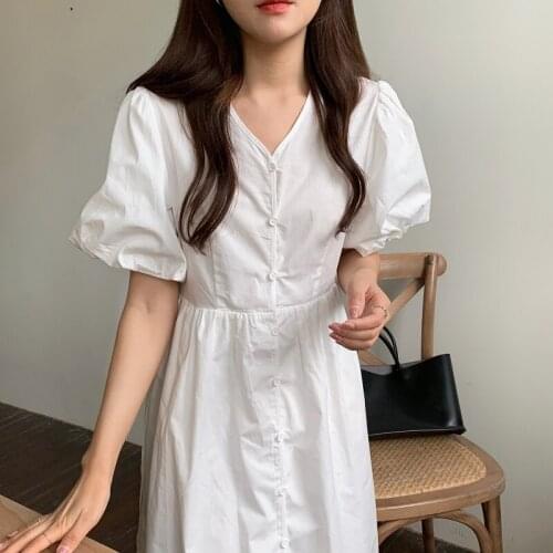 2021 New Women Summer Casual Long Shirt Dress Sashes Single Breasted Puff Sleeve Slim Waist A-line Maxi Sundress