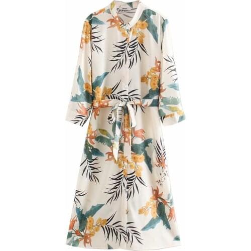 Za 2019 stand collar floral print with sash dress women casual vestidos stand collar summer dress ropa mujer