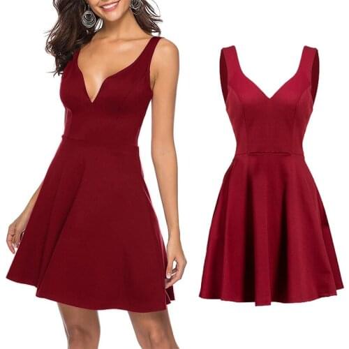 2020 Hot Summer Women A-Line Strap Sleeveless Sexy Deep V-Neck Dress Party Vestidos Mini Elegant Female Solid Ball Gown Vintage