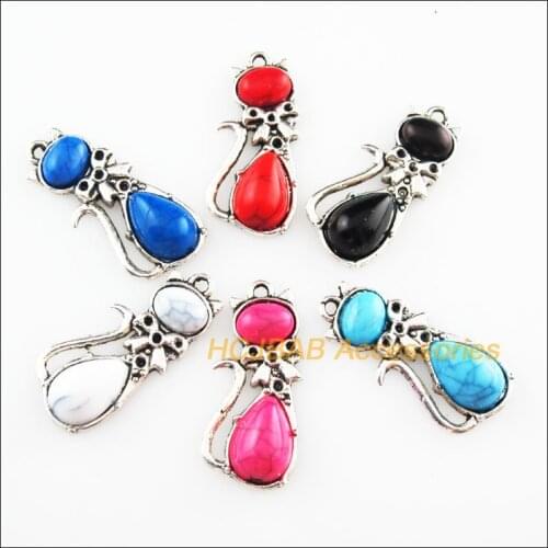 12 New Animal Cat Mixed Charms Stone Tibetan Silver Tone Pendant 13x29mm