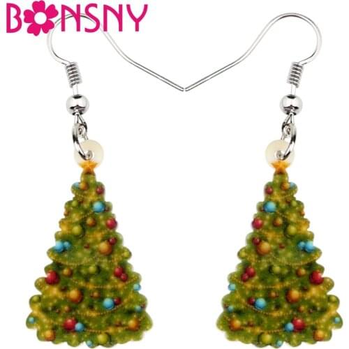 Bonsny Acrylic Christmas Decoration Tree Earrings Ornaments Drop Dangle New Year Party Gift Jewelry Women Girls Brincos Femme