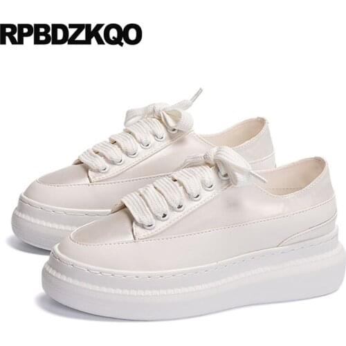Designer sneakers satin korean thick sole trainers round toe leisure creepers platform shoes muffin white lace up elevator women