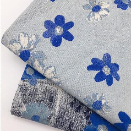 Retro Flower Printed Jeans Fabric Light Weight Spring Summer Denim Indigo Blue Fabrics DIY Patchwork Dress Shirts Tela 100X160CM
