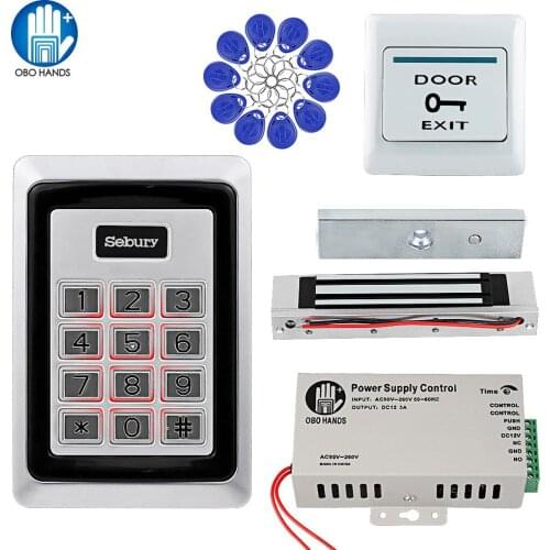 Metal RFID Access Control System Kit Frame Glass Door Set+Electric 180KG Magnetic Lock+10 Keyfob+Power Supply+Exit Button